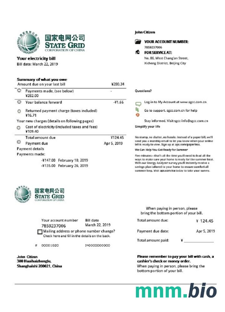 China State Grid Corporation Of China elektryczność rachunek za media